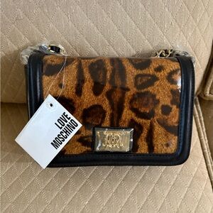 Love Moschino Brown and Black Patent Shoulder Bag with Leopard Print